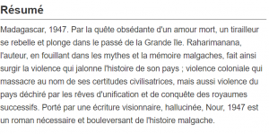 Resume de Nour 1947 de Raharimanana